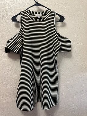 Striped Cold-Shoulder Dress in Hunter Green and White